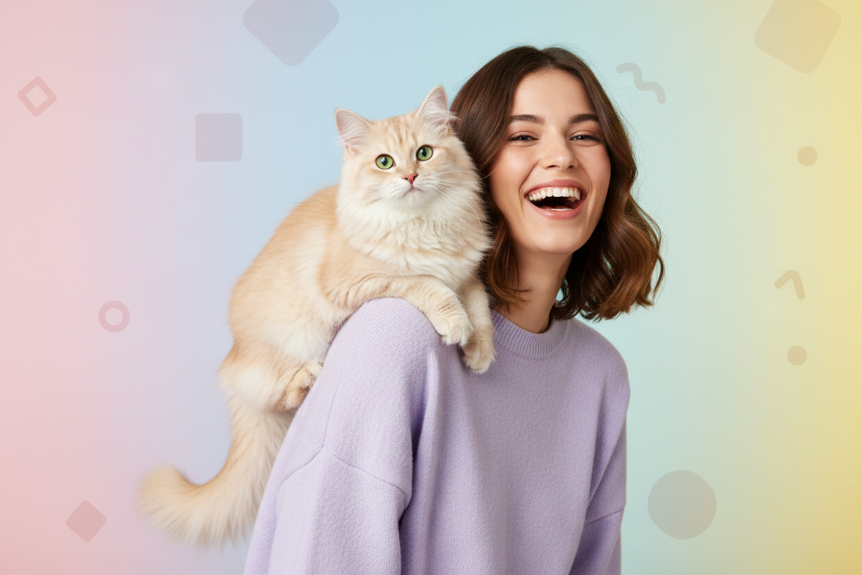 Mujer con gato en hombro