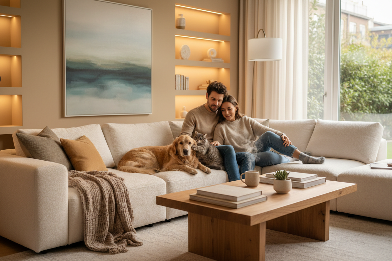 Pareja con perro y gato en sofá
